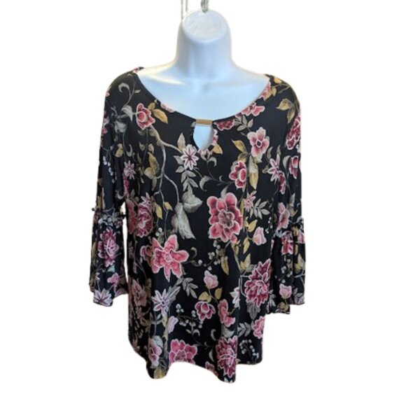 Black and Pink Blouse with Bell Sleeves Size Medium - Picture 1 of 4